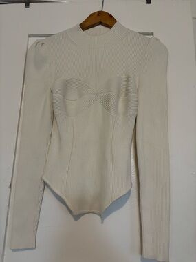 Fleur du Mal Cream Ribbed Long-Sleeve Sculpted Bust Bodysuit